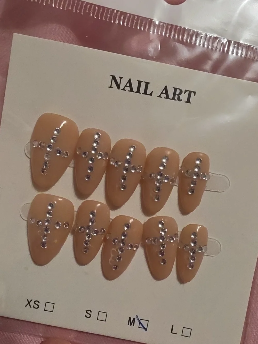 Nude Press-On Nail Set with Rhinestone Cross Accents
